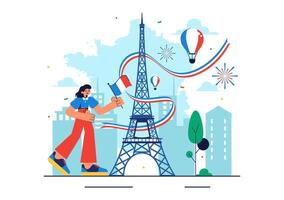 Happy 14 July Bastille Day Design Featuring Ribbon and Eiffel Tower vector