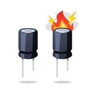 Burnt out electrolytic capacitor component isolated on white background. vector
