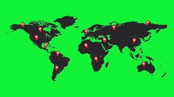 World map with location pins on green background video