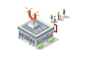Isometric Customer retention concept. Hand with magnet has appeared from the store building attracting people from everywhere vector