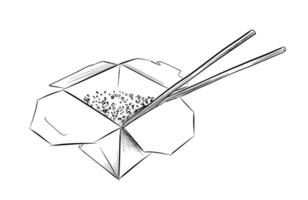 Chinese takeout box with chopsticks and rice vector