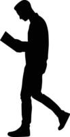 man walk while reading book silhouette vector