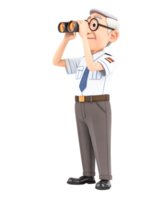 3D render, An asian oldman, age 70, with gray hair, looking through binoculars, wearing a white shirt and gray pants, in a transparent background png