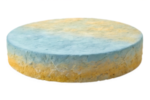 A natural round platform made from textured limestone, with earthy blue and yellow tones, isolated on a transparent background png