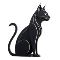 Illustration of A black cat with white lines sitting in profile, looking to the right, with a curled tail, on a transparent background png