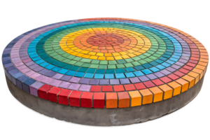 A circular platform made from small, square mosaic tiles with a vibrant, multicolored design, isolated on a transparent background png