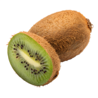 A whole kiwi and a half kiwi with green pulp and black seeds on a transparent background png