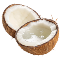 A fresh coconut split in half with visible water inside., isolated on a transparent background png