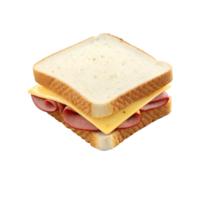 A ham and cheese sandwich with two slices of white bread, two slices of cheese and three slices of ham, on a transparent background png