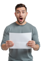 A man with a surprised look, holding an open letter or envelope. isolated on a transparent background png