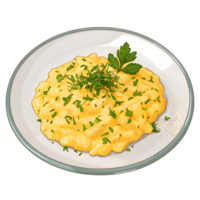 Illustration of A plate of fluffy scrambled eggs with herbs sprinkled on top, isolated on a transparent background png