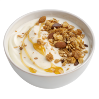 A bowl of creamy yogurt topped with granola and honey drizzle. isolated on transparent background png