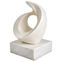 White abstract sculpture on a square base, smooth matte finish, flowing organic shape, minimalist design, isolated on a transparent background png