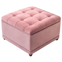 A pink velvet ottoman with a rectangular shape and rounded edges, isolated on a transparent background png