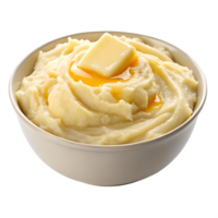 A bowl of creamy mashed potatoes with a pat of butter melting on top. isolated on a transparent background png
