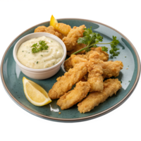 Fried Clam Strips A serving of crispy fried clam strips with tartar sauce, isolated on a transparent background png