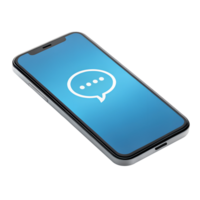 A smartphone with a blue screen displaying a white speech bubble icon, isolated on a transparent background png