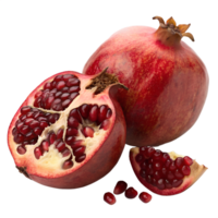 A whole round pomegranate with a deep red, glossy skin next to a halved one displaying the vibrant, juicy red seeds on the transparent background png