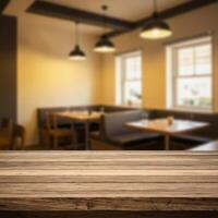 Empty table in a restaurant with wooden table and chairs photo