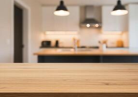 Wooden table top in kitchen with kitchen lights photo
