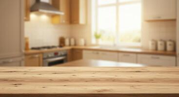 Wooden table top in kitchen with light photo