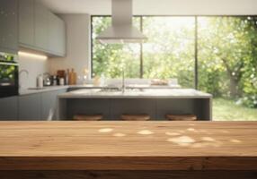 A kitchen table with a view of the outside photo
