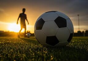 Soccer ball on grass with man in background photo