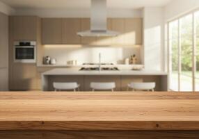 Wooden table top in kitchen with kitchen island and stove photo