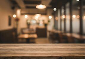Empty table top in restaurant with blurred background photo
