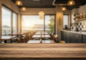 Table top in restaurant with table and chairs in the background photo