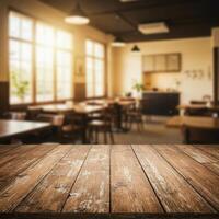 Empty table in restaurant with wooden table and chairs photo