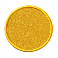 Close up gold circular cloth patch with overlocking, ready design custom for or logo placement against transparent background, featuring clean stitching edges png