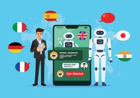 Businessman is learning different foreign languages with chat bot vector