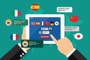 Learning of different foreign languages through the tablet in the hand vector