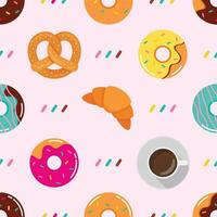 Seamless pattern of multicolored snacks. Croissant Pretzel and donuts. vector