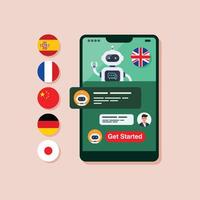Learning different foreign languages with Smart Ai chat bot on smartphone screen vector