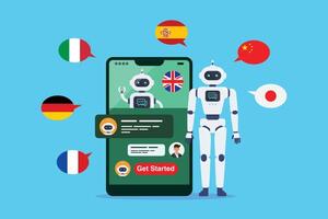 Learning different foreign languages with chat bot on smartphone vector