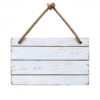 Wooden framed white rectangular label dangling from display rope, suspended against transparent background for clear message knotted png