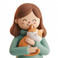 3d pure smiling girl tenderly embracing relaxed cat, sharing joyful connection against clear backdrop of icon affection png