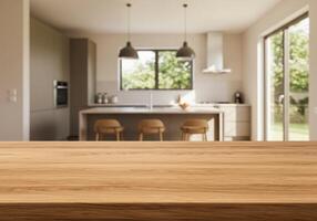 Wooden table top in kitchen with kitchen island and dining table photo
