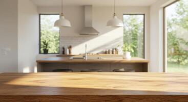 A kitchen table with a wooden top and a window photo