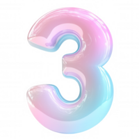 3d icon Glass numeral three in pastel and pink blue, displaying glossy translucent surface with clean transparent backdrop png