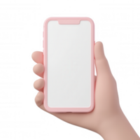 3d smartphone, cartoon Pink gripping hand blank screen displaying digital interface for mobile app mockup design png