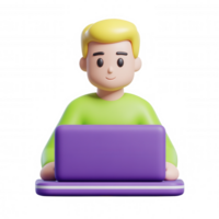 3d icon of student or worker user studying using laptop, isolated on background transparent png
