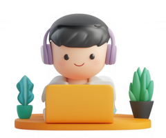3d icon of on or worker user studying using laptop, isolated student transparent background png