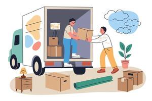Flat cartoon people relocating and loading boxes into moving truck. Furniture and packed items around. Concept of moving service, transportation, relocation, home moving illustration vector