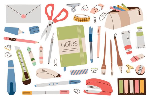 illustrations set with school and office supplies. Stationery collection with pens, pencils, notebook, flat cartoon icons for studying, writing, organizing daily tasks and creative work