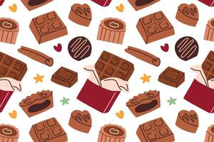 Vibrant pattern with chocolates and candies, colorful wrappers illustrations, pieces of chocolate bars, candies with glaze in different shapes, cinnamon stick. Background for sweet food designs vector