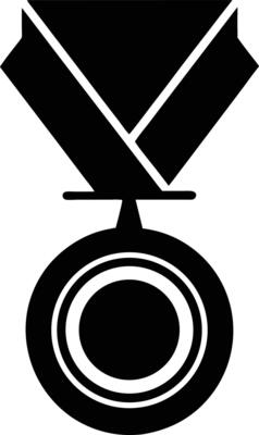 A black and white medal icon on a white background