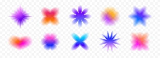 Colorful blurred gradient heart and stars collection. Bright blur aura shapes set. Fading abstract elements for poster, template, badge, sticker, collage. Iridescent smooth form flower pack vector
